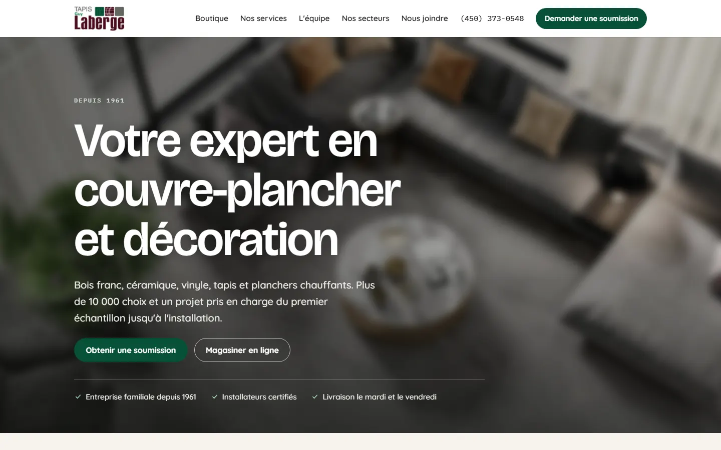 Haut de la page du nouveau site de Tapis Guy Laberge, à l’ordinateur