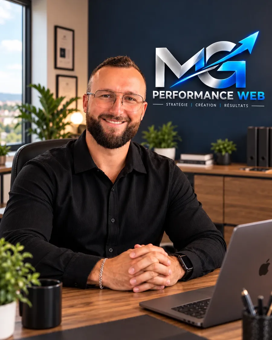 Maxim Gagnon, sourire aux lèvres, assis à son bureau devant le logo de MG Performance Web